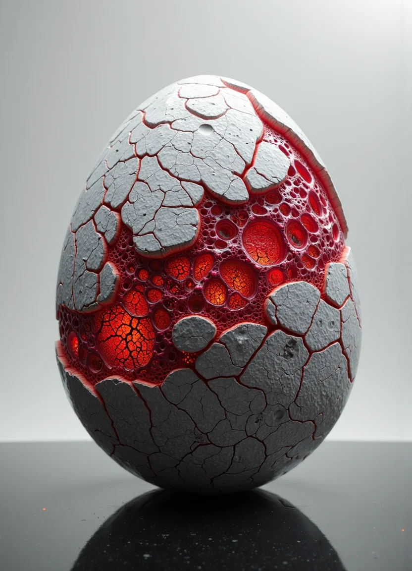 cinematic photo Capture a highly stylized and surreal still life featuring a large, flawlessly smooth, and egg-shaped object, reminiscent of a precious stone or a futuristic artifact, resting on a perfectly reflective, seamless surface, evoking a sense of sterile elegance and otherworldly beauty. The egg's base coloration should be a complex, mottled grey, incorporating subtle variations in tone and texture, suggesting a natural, geological origin yet possessing an almost manufactured precision in its form. This grey surface should appear subtly granular under close inspection, hinting at the intricate mineral composition beneath the polished exterior, and it needs to catch the light in a way that emphasizes the roundness and perfection of the shape.
Upon the upper portion of this egg-like form, meticulously render a network of vibrant, crimson-red, branching structures, resembling delicate coral, intricate veins, or perhaps a map of an unknown landscape. This red network should not appear painted or applied, but rather organically grown from the surface, seemingly fused with the grey stone, creating a striking juxtaposition of textures and colors. The crimson structures should be sharply defined, with fine details and a translucent quality, allowing subtle light to filter through, hinting at an internal complexity. The red should exhibit a slight sheen, creating a captivating interplay of light and shadow, and contributing to the overall sense of mystery.
The lighting should be soft and diffused, minimizing harsh shadows and highlighting the subtle textures of both the grey stone and the red network. A single, strategically placed light source should emphasize the egg's form and the intricate details of the red structures. The background should be a clean, neutral grey, allowing the egg to be the clear focal point of the image, while also echoing the color palette. The composition should be centered, conveying a sense of balance and harmony, while the close-up perspective will draw the viewer into the intricate details of the subject.
The final image should possess a feeling of quiet contemplation, inviting the viewer to ponder the relationship between nature and artifice, the organic and the synthetic, the beauty of imperfection and the allure of the unknown. The overall aesthetic should be a blend of photorealism and surrealism, creating an image that is both visually stunning and intellectually stimulating. Consider a shallow depth of field to further isolate the egg and blur the background, enhancing the sense of isolation and mystery surrounding the subject. The final result should be a photograph that feels both familiar and utterly alien, a testament to the power of visual storytelling. . 35mm photograph, film, bokeh, professional, 4k, highly detailed