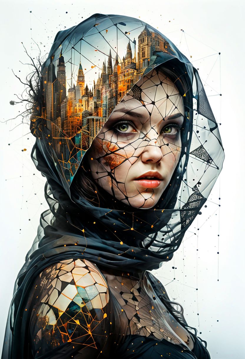 mysterious silhouette woman with veil, by Minjae Lee, Carne Griffiths, Emily Kell, Steve McCurry, Geoffroy Thoorens, Aaron Horkey, Jordan Grimmer, Greg Rutkowski, amazing depth, double exposure, surreal, geometric patterns, intricately detailed, bokeh,  perfect balanced, deep fine borders, artistic photorealism , smooth,  great masterwork by head of prompt engineering   <lora:add-detail-xl:2>  <lora:Double_Exposure:0.5>  <lora:hyperkraximalism_v1-1:0.3>