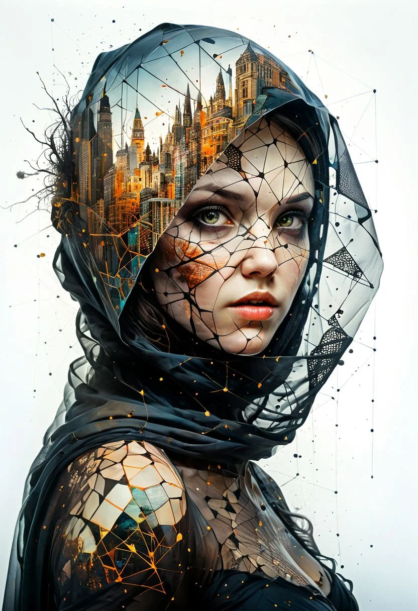 mysterious silhouette woman with veil, by Minjae Lee, Carne Griffiths, Emily Kell, Steve McCurry, Geoffroy Thoorens, Aaron Horkey, Jordan Grimmer, Greg Rutkowski, amazing depth, double exposure, surreal, geometric patterns, intricately detailed, bokeh, perfect balanced, deep fine borders, artistic photorealism , smooth, great masterwork by head of prompt engineering <lora:add-detail-xl:2> <lora:Double_Exposure:0.5> <lora:hyperkraximalism_v1-1:0.3>