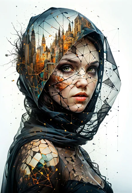 mysterious silhouette woman with veil, by Minjae Lee, Carne Griffiths, Emily Kell, Steve McCurry, Geoffroy Thoorens, Aaron Horkey, Jordan Grimmer, Greg Rutkowski, amazing depth, double exposure, surreal, geometric patterns, intricately detailed, bokeh, perfect balanced, deep fine borders, artistic photorealism , smooth, great masterwork by head of prompt engineering <lora:add-detail-xl:2> <lora:Double_Exposure:0.5> <lora:hyperkraximalism_v1-1:0.3>