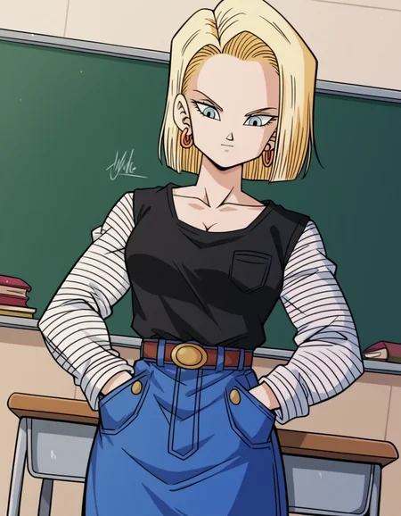 score_9, score_8_up, score_7_up, source_anime, <lora:android-18-anime-ponyxl-lora-nochekaiser:1>, android 18, blonde hair, blue eyes, eyelashes, hoop earrings, short hair, earrings, belt, black legwear, black shirt, breast pocket, cleavage, collarbone, denim, denim skirt, high-waist skirt, jewelry, long sleeves, pocket, shirt, shirt tucked in, skirt, striped, striped sleeves, waistcoat,, school uniform, classroom, chalkboard, day time, studying, cowboy shot, dutch angle