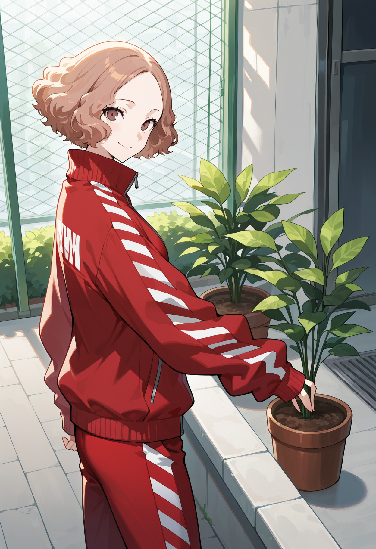 (masterwork, masterpiece, best quality, hyper-detailed),
1 girl, solo, 
p5haru, brown hair, short hair, wavy hair,
p5haru-track, track suit, red jacket, red pants, stripes, striped sleeves, sleeves past wrists, long sleeves, zipper, striped pants, white footwear, sneakers, 
outdoors, rooftop garden, planter boxes, flower pots, greenery, houseplants, looking at viewer, smile, cowboy shot,