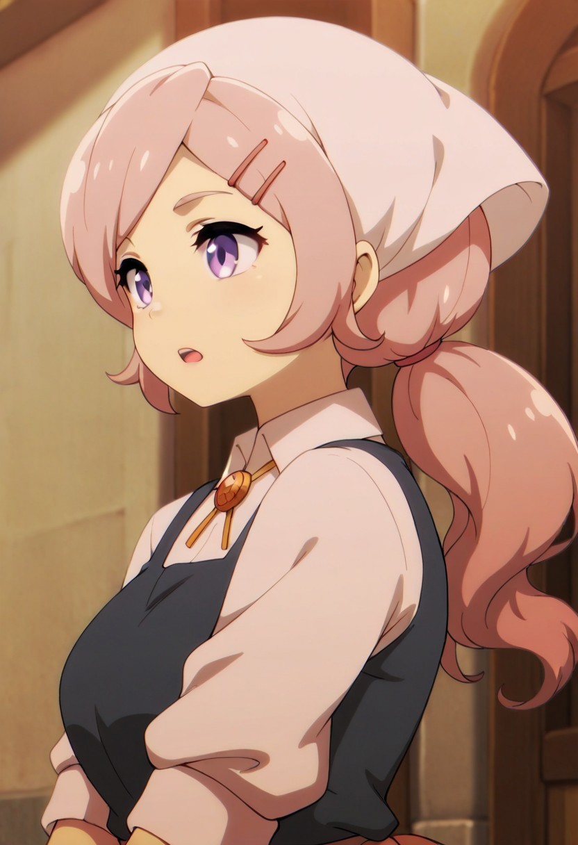 masterpiece,best quality,amazing quality, cariello isabelle, long hair, light pink hair, purple eyes, 1girl, solo, hairclip, hair ornament, open mouth, head scarf, shirt, ponytail