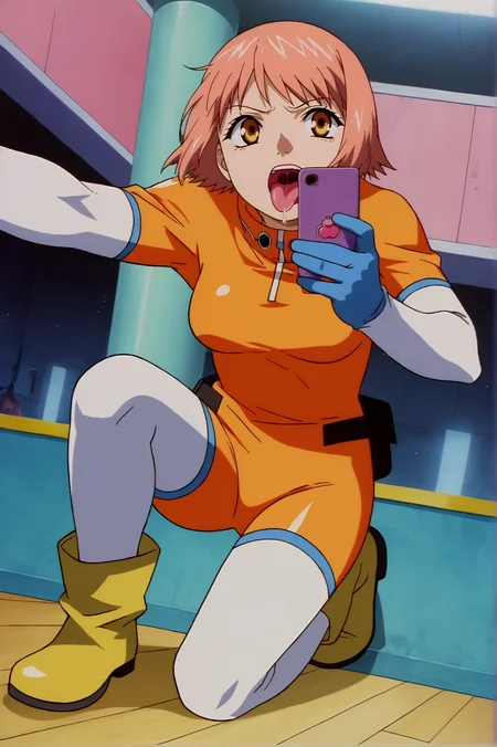 score_9, score_8_up, score_7_up,anime_source, source_anime, best background, detailed background, anime screencap,  Suzuki, 1girl, bodysuit, boots, elbow gloves, gloves, solo, thighhighs, :p, aiming, dynamic angle, horny, on knees, tongue out, saliva, naughty face, phone in hand, selfie,  indoors,  <lora:JN_Mikura_Suzuki:0.8>