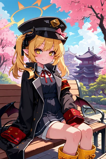 masterpiece, best quality, 1girl, solo, 21 year old model, eyelashes, (beautiful eyes), ,,, zzIbuki, yellow eyes, yellow halo, blonde hair, long hair, tail, side ponytail, horns, demon horns, black horns, hair ribbon, pointy ears, wings, demon wings, black wings, tail, demon tail, horns, black tail, demon horns, black horns, demon girl, low wings, hair ribbon, neck ribbon, black headwear, red ribbon, peaked cap, black coat, collared shirt, long sleeves, open coat, pinafore dress, sleeves past fingers, black dress, hat bow, white shirt, yellow footwear, boots, white shorts, oversized clothes, red armband, military hat, pink bow, <lora:IbukiBlueArchiveIXL:1.0>,,,,sitting on bench, side view, looking at viewer solo, smile, pnkBldng, sky, day, cloud, tree, blue sky, building, architecture, east asian architecture, <lora:PinkBuildingIXL_v2:1.0>, <lora:ZankuroIXLLight_v2:0.6>,