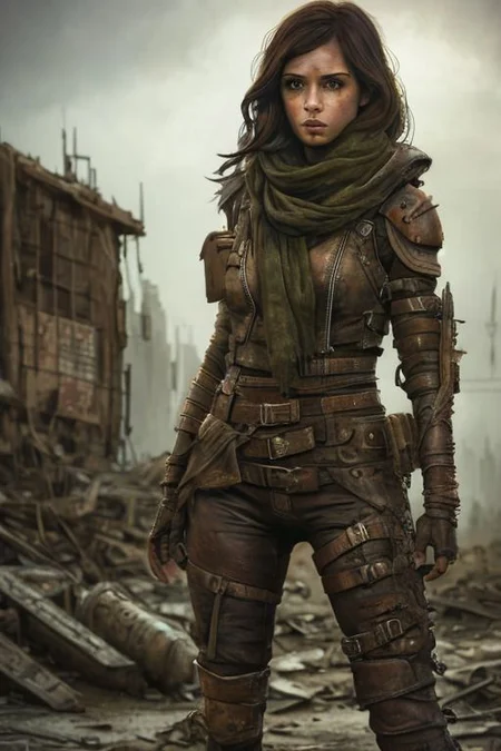 (masterpiece:1.2), (best quality,:1.2), 8k, HDR, ultra detailed, ((photorealistic)), professional light, cinematic lighting, fashion photography, ambient lighting, atmospheric effects, <lora:detail_slider_v4:3>, a beautiful woman, wild hair, dark makeup,  as a female Wasteland survivor, scarf over face, hood, long leather coat, boots, leather pants, belt, exploring the ruins of a destroyed city, <lora:Wasteland:0.66>,  WasteAr, <lora:WastelandArmor:0.7>, style of Mad Max, style of Fallout, <lora:zoom_slider_v1:3>, epiCPhoto