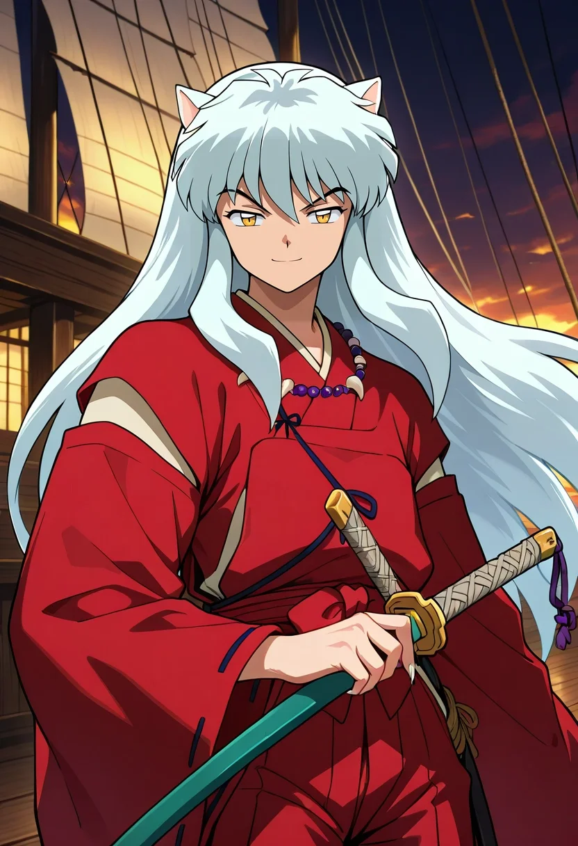 masterpiece, best quality, intricate details, , looking at viewer, , 1boy, solo, male focus, <lora:inuyasha_ilxl:0.94>, inuyasha, white hair, yellow eyes, animal ears, dog ears, long hair, necklace, jewelry, weapon, sword, katana, sheath, red kimono, fingernails, sharp fingernails, rule of thirds, pirate ship, midnight, holding weapon, half-closed eyes, smile,