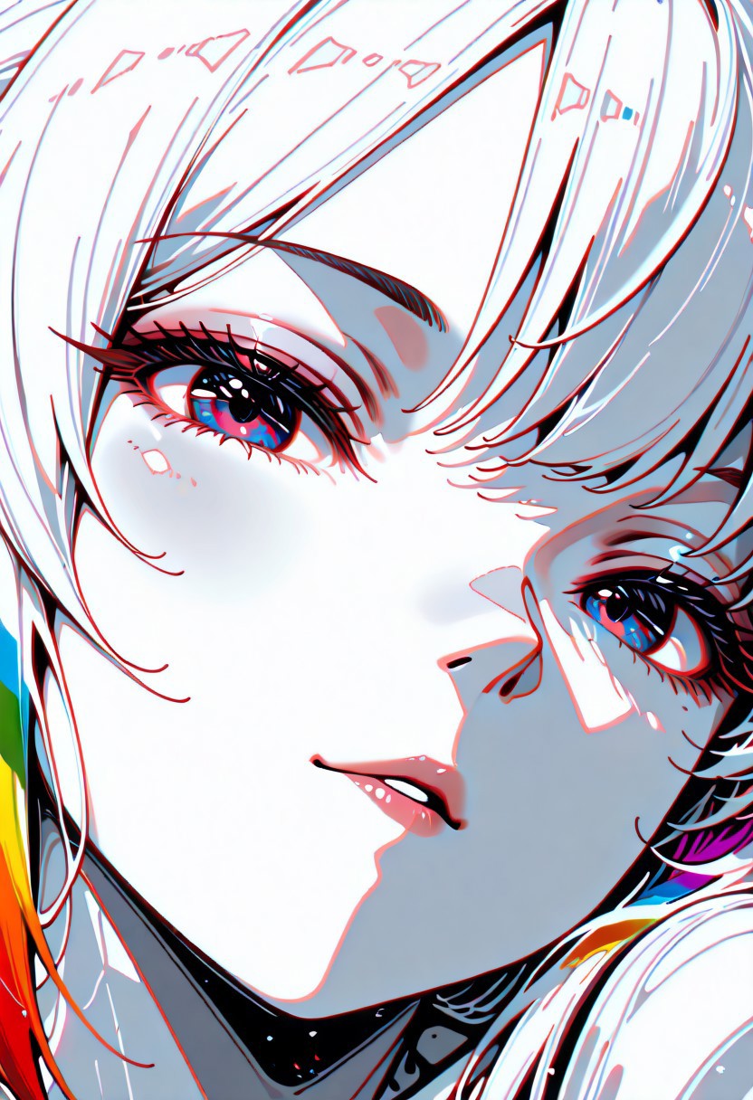 lazympos, adult, 1woman,
masterpiece, best quality, newest, highres, absurdres,no lineart, no outline, detailed, looking at viewer, solo, chromatic aberration, rainbow hair,white theme ,limited palette,tenebrism,close up, depth of field, 0n3sp3g