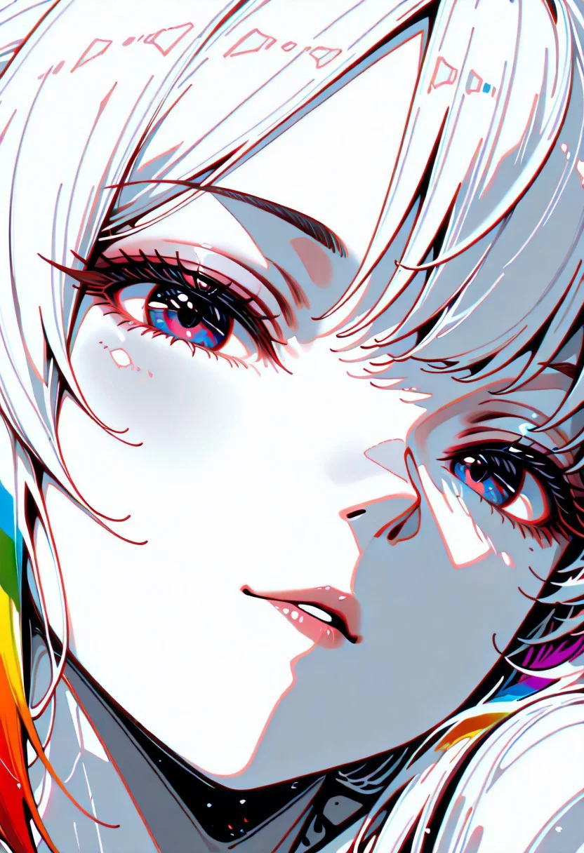 lazympos, adult, 1woman,
masterpiece, best quality, newest, highres, absurdres,no lineart, no outline, detailed, looking at viewer, solo, chromatic aberration, rainbow hair,white theme ,limited palette,tenebrism,close up, depth of field, 0n3sp3g
