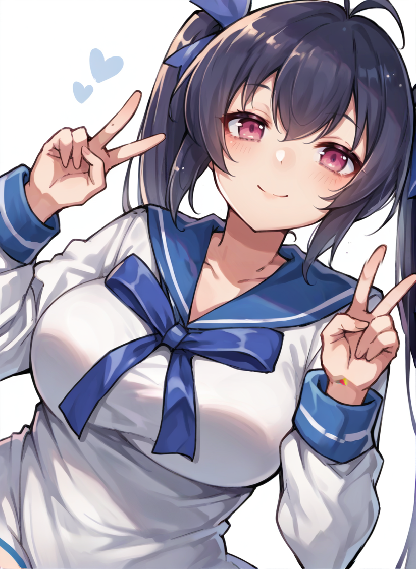 score_9, score_7_up, score_6_up, source_anime, 1girl, solo, hakobenaru, pink eyes, large breasts, sailor dress, blue sailor collar, long sleeves, hair ribbon, ribbon, simple background, from front position, portrait, light smile, v, <lora:naru_SDXL-09:1>