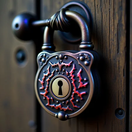  The lock’s metal is warped and corroded with rust, its former luster faded but still revealing detailed engravings and decorative ornaments.