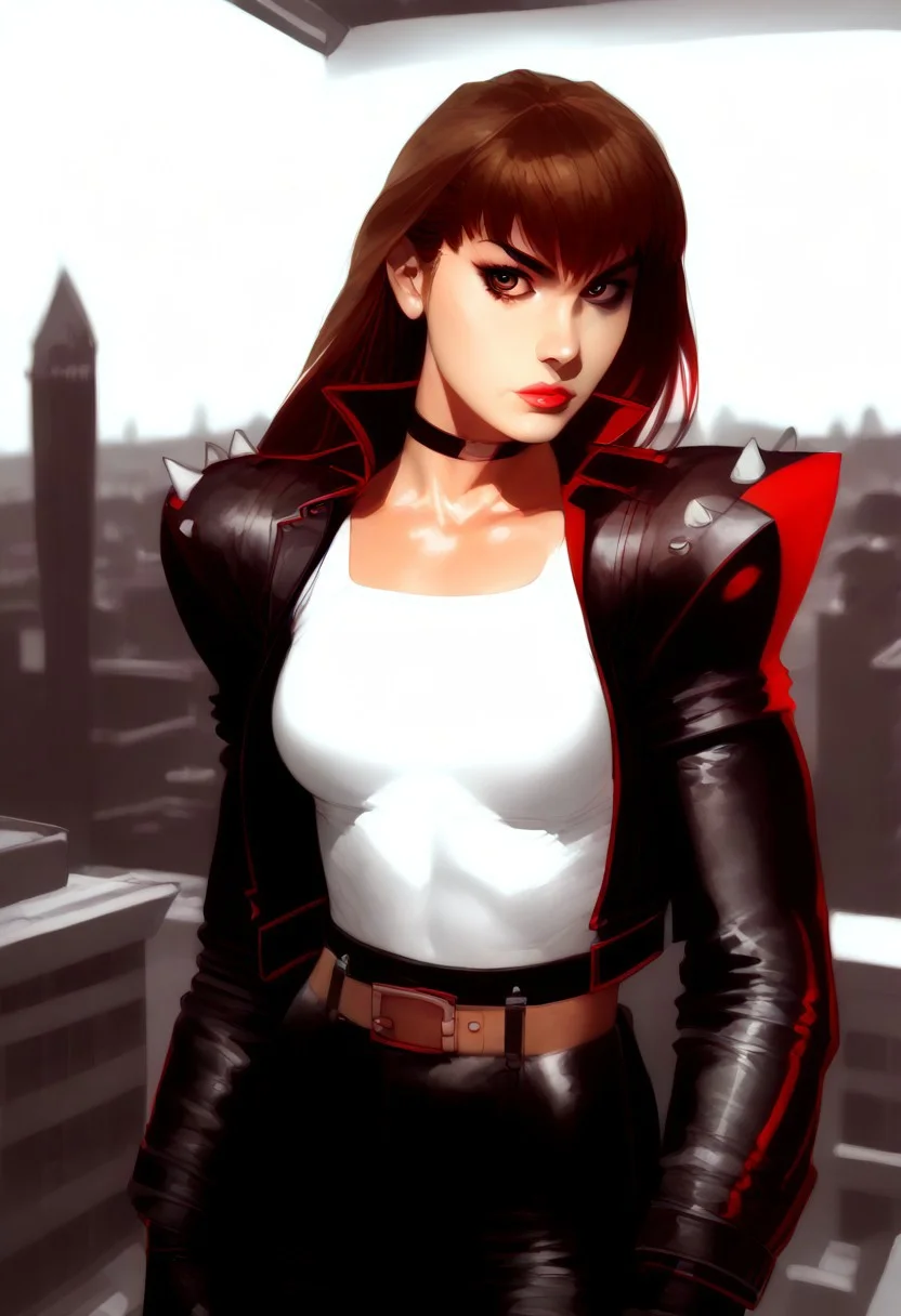 score_9, score_8_up, score_7_up, 1girl, solo, brown hair, brown eyes, long hair, bangs, thick eyelashes, athletic, nail polish, white chest sarashi, choker, leather cropped jacket, belt, leather miniskirt, fingerless gloves, spiked shoulders, near perfection, depth of field, cowboy shot, countershading, masterpiece, detailed and intricate, high-res, BREAK, (cowboy shot), window, rooftop, night, BREAK, Expressiveh, concept art, realistic, raw, photo. flat color, dark theme, sinozick style, 1g0r, kirishimanagixl, looking towards viewer, monochrome, greyscale, slightly colored in red tone.
