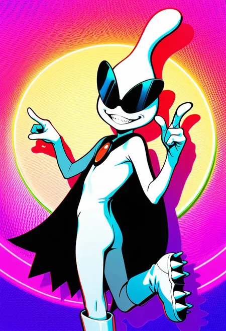 masterpiece, ultra detailed, amazing quality, absurdres, very aesthetic, solo focus, male focus, 1boy, 
orbulon_WW, white skin, alien, three fingers, sunglasses, covered eyes, knee boots, white footwear, spiked footwear, standing, brooch, cape, torn cape, :3, grin, teeth, sparkle, hands up, pointing, turning head, from side, leg up, standing on one leg, cowboy shot, slim, small butt, 
BREAK 
detailed shading, shadow, psychedelic background, multi-colored, WaiIL25PosC, g0th1c, glowing, neon lights,