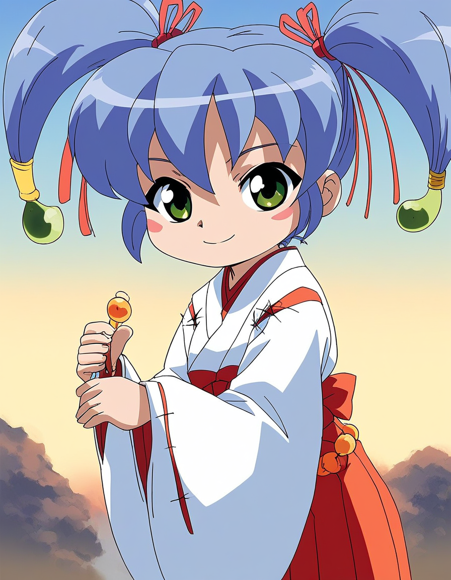 score_9, score_8_up, score_7_up, source_anime, rating_explicit, BREAK  <lora:Nazuna_OnmyouTaisenki_XL:1> Nazuna, blue hair, green eyes, blush stickers, twintails, hair ribbon, flat chest, miko,  short stack,
japanese clothes, red_hakama, hakama_skirt,  bow, long sleeves, Yellow_prayer beads, wide sleeves, kimono, 
smile,
outdoor, sky,