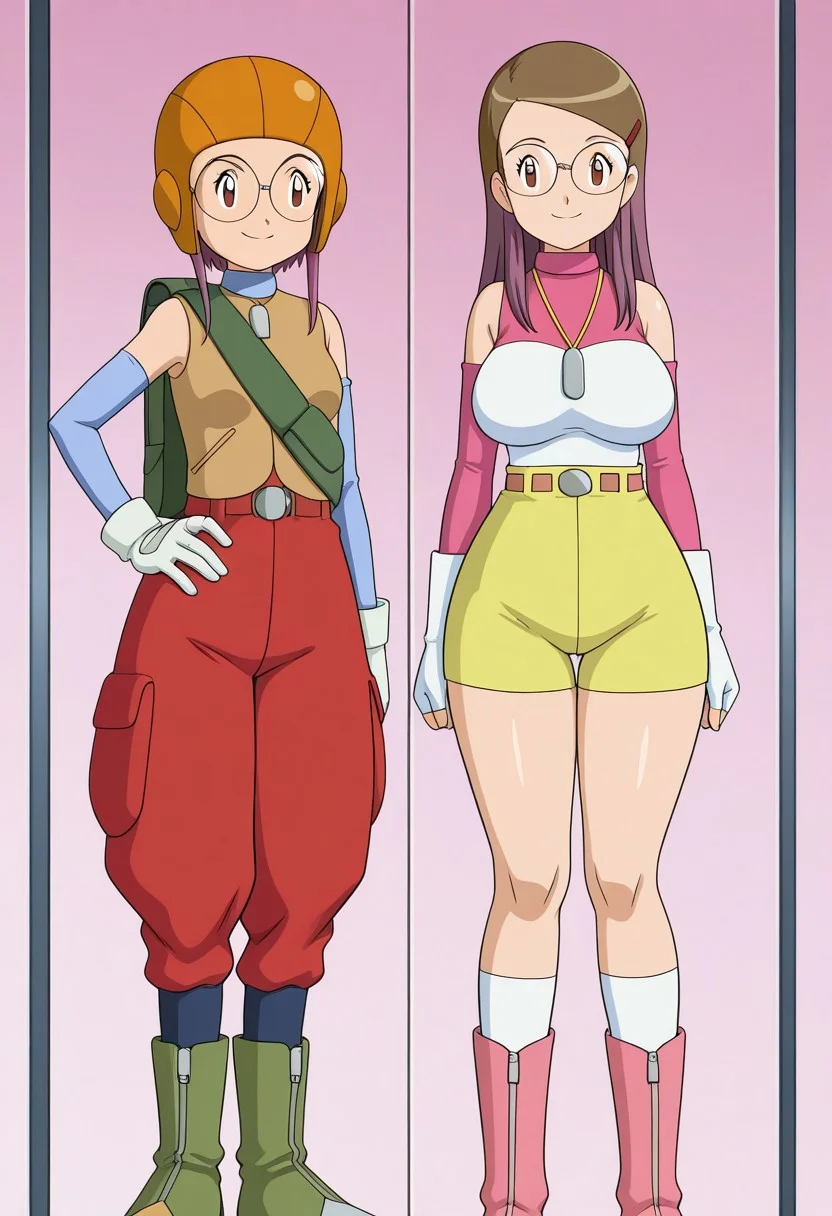 anime screencap, anime art style, digimon adventure 02, duo, couple, thick thighs, wide hips, large breasts, saggy breasts, 2girls,
BREAK
(1girl, yolei inoue,1 character, baggy pants, orange aviator helmet, round glasses, blue long-sleeve shirt, brown vest, white gloves, red high-waisted pants, green knee-high boots, gloves, glasses, helmet, boots, purple hair, smile, long hair, pants, vest, white gloves, standing, bag, hand on hip,)
BREAK
(2girl, kari kamiya,2 Character, 1outfit, short brown hair, anime girl, futuristic outfit, pink long sleeves, fingerless gloves, sleeveless white top, yellow shorts, high boots, pink and white boots, pendant necklace, gloves, brown hair, brown eyes, smile, fingerless gloves, shorts, yellow shorts, hair ornament, short hair, hairclip, standing, elbow gloves, socks,)