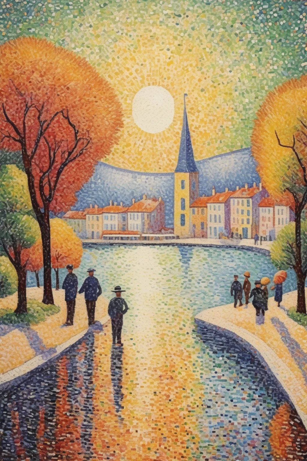 <lora:Paul Signac Style:1>Paul Signac Style - Embark on a creative journey inspired by the distinctive pointillism style of Paul Signac to create a captivating painting that embraces the principles of vibrant colors and meticulous dot-like brushstrokes. Choose a subject that resonates with youa landscape, a bustling city scene, or a serene coastal viewand envision it through the lens of pointillism. Embrace the play of light and its reflection on various surfaces, capturing the subtle nuances and shifting hues with precision. Immerse yourself in Signac's technique, where every stroke of your brush is composed of carefully placed dots of pure color. Experiment with juxtaposing complementary and harmonious shades, allowing them to blend optically to create a vibrant and luminous effect. Consider the composition of your painting, balancing the elements within the frame and guiding the viewer's gaze through a rhythmic arrangement of dots. Create depth and perspective by varying the density and size of the dots, adding dimensionality to your artwork. Incorporate the sense of movement and vitality that characterizes Signac's works. Whether it's the swirling waves, bustling streets, or rustling leaves, infuse your painting with a dynamic energy that captures the essence of the subject. Let your painting come alive with the meticulous application of dots, building up layers of color and texture. Allow the viewer to experience the beauty and intricacy of your artwork up close, where the individual dots coalesce into a cohesive and vibrant whole. Through your painting in the style of Paul Signac, invite viewers to appreciate the meticulous craftsmanship and the enchanting optical blending that characterizes pointillism. Let your artwork radiate with the joy and harmony that can be found in this unique artistic technique