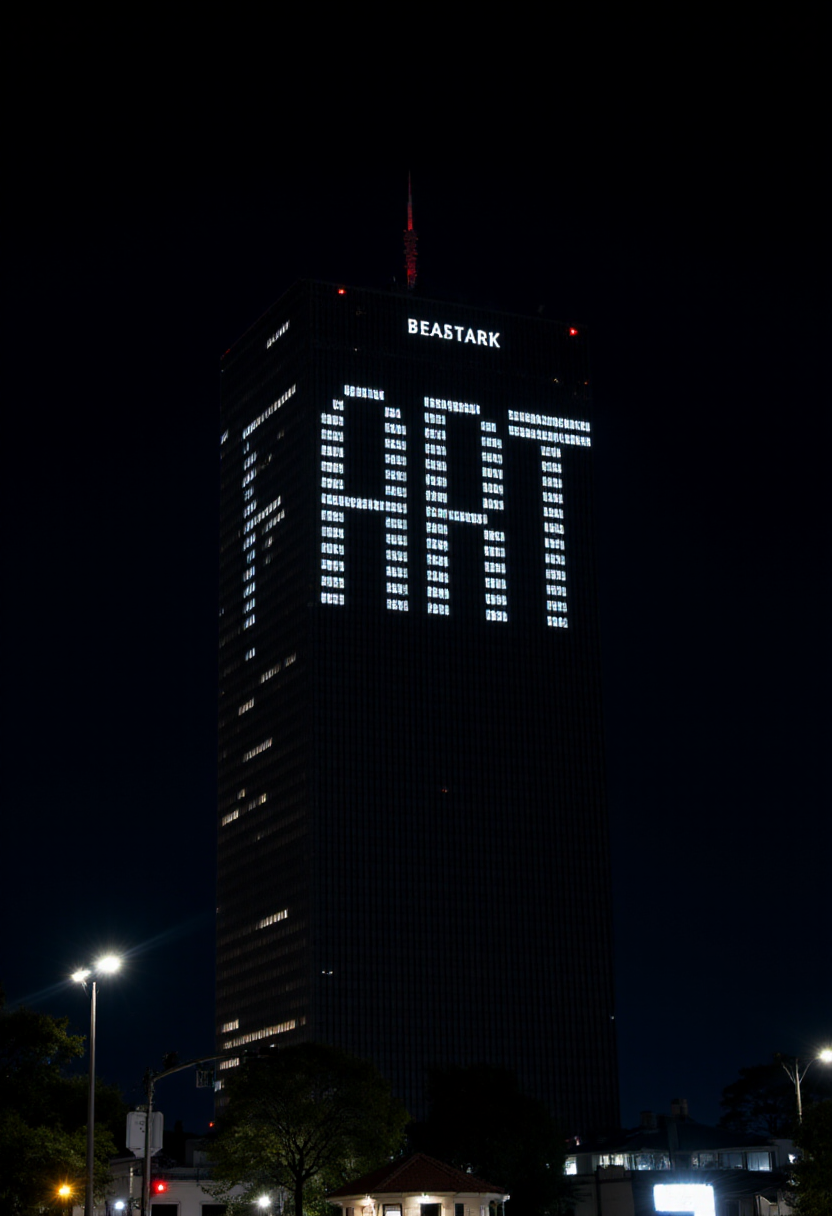 <lora:Nighttime_Tower_Pixel_Art_FLUX:0.9>
The image is a nighttime photograph of a modern skyscraper, the exterior of which is illuminated with a large, pixelated word "FART" on its façade.