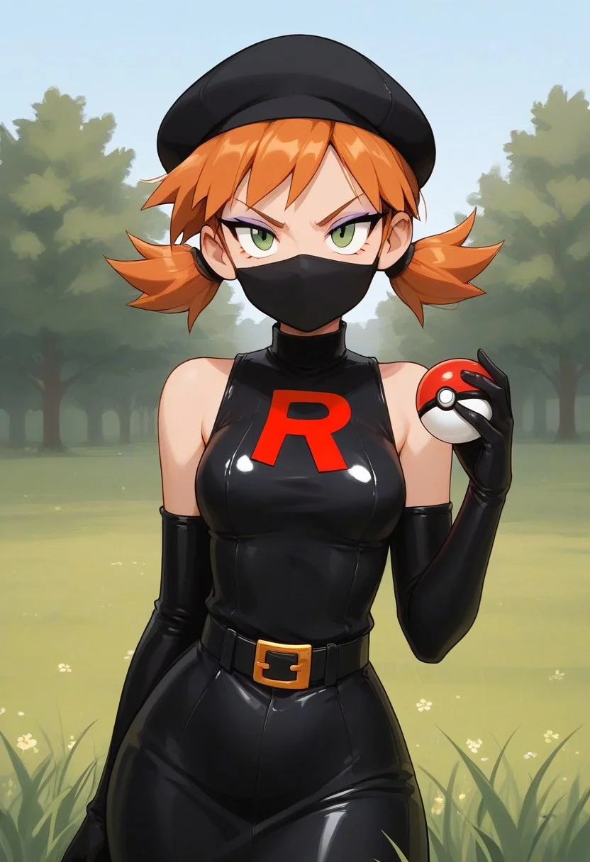 score_9, score_8_up, score_7_up, 1girl, modern college girl, solo, 18 years old, light ginger hair, straight bangs, misty from Pokemon, ((short twintails)), messy hair, long bangs, green eyes, cute, cute, long black dress, belt, sleeveless, perfect eyes, shifty looking, sketchy girl, suspicious, suspect, black beanie hat, perfect eyes,((very slim, petite:1.2)), small breasts, perky breasts, dramatic lighting, outdoors, field, trees, grass, park, pretty girl, (young), standing, clear detailed face, square face, ((milky white skin)), perfect girl, beautiful, very short girl, ((wide hips, thick thighs, narrow waist)), thin black eyeshadow, ((curvy, plump, thin arms, narrow shoulders, petite, perfthig)), ((medical mask, surgical mask)), ((black latex opera gloves, latex gloves)), ((team rocket, team rocket outfit, team rocket logo)), ((fascist, fascist girl:1.2)), ((holding poke-ball, throwing poke-ball:1.2)), sexy outfit, sexy girl, sexy pose, annoyed, fierce eyes, squinting eyes, ((eyeliner, eyeshadow, mascara)), dominatrix, tall grass