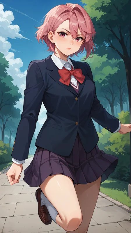 score_9,score_8_up,score_7_up,score_6_up, <lora:xl_more_art-full_v1:0.5>, source_anime, girl, dynamic pose, in ecstasy, <lora:Aira Shiratori - Pony:0.7>, short hair, pink hair, hair between eyes, pink eyes, school uniform, blue blazer, white collar, collared shirt, red bowtie, pleated skirt, purple skirt, white socks, brown shoes, nature, overgrown, outdoors,