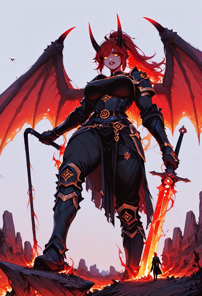 score_9, score_8_up, score_7_up, masterpiece, best quality, very aesthetic, 1woman, incoth, (incase:0.6), detailed face, (dynamic:1.2), demon, Oni, Zeriastra, 1girl, solo, adult, tall female, golden eyes, red makeup, red hair, streaked hair, long hair ponytail, ponytail, short hairs, red and black horns, spiky horns, breasts, large round breasts, muscular, giantess, cliff, abyss, violent flames, glowing whip, whip, huge wings, glowing eyes, glowing hair, armor, swinging whip, badass, dark, epic, perspective, (warrior, sword)