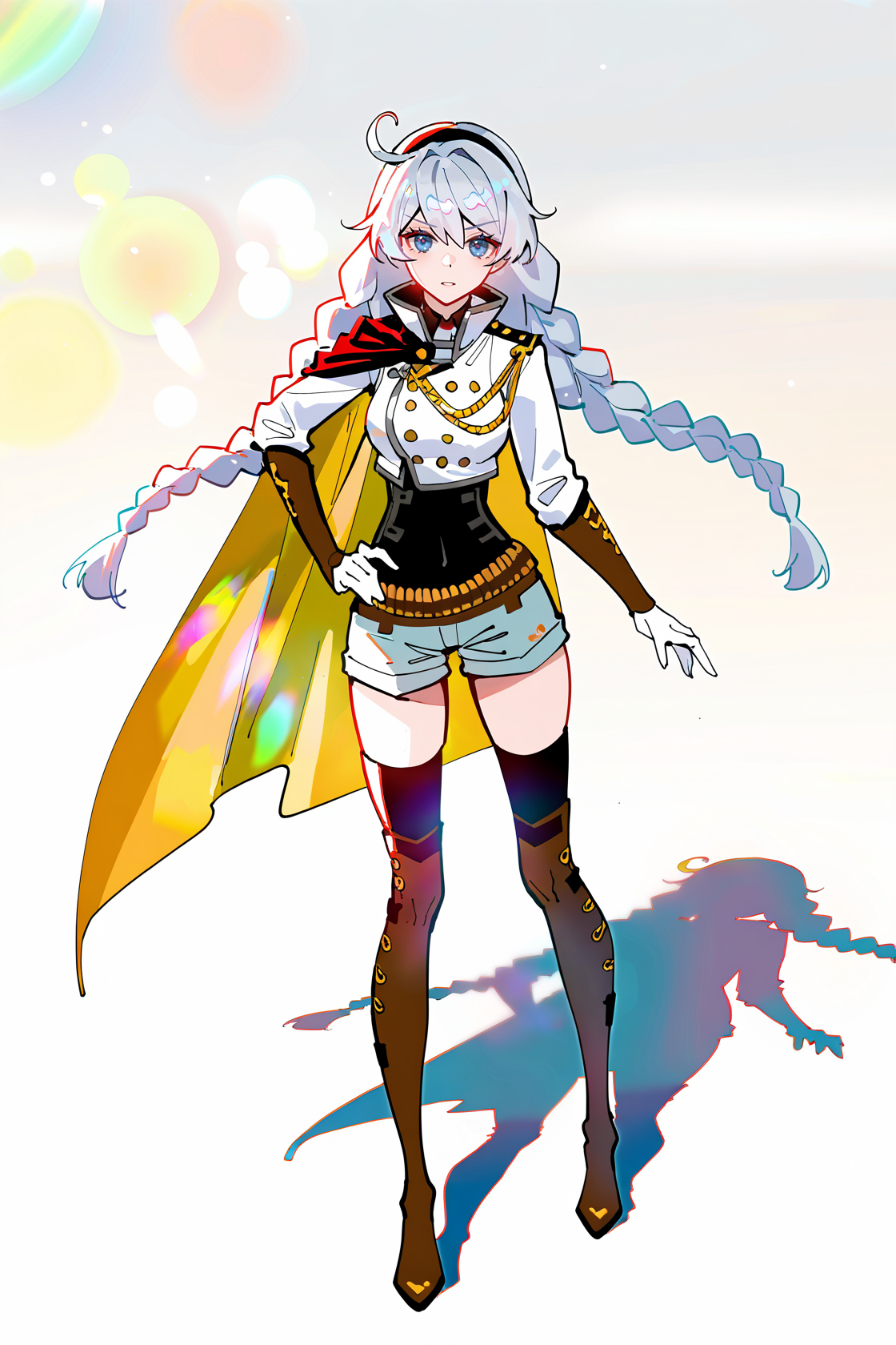8k, best quality, masterpiece, (ultra-detailed), (high detailed skin), 
((artist:reoen),(artist:fuzichoco),(artist:atdan),(artist:torino_aqua),year 2024:0.8)1girl, [artist:wlop], [artist:ningen_mame], artist:ciloranko, [[artist:rhasta]], artist:tidsean, colorful, detailed light, light leaks, sunlight, bokeh, blurry foreground, ray tracing, lens flare, cinematic lighting, 
full body, full shot, standing, looking at viewer, (solo:1.2), simple background, (white background:1.2), hand on own hip, (white background:1.3), 
<lora:kiana-young-noob-Tanger:0.8>, 
kiana kaslana, youxia, youxia clothes, 11th clothes, 1girl, thigh boots, blue eyes, braid, twin braids, long hair, shorts, thighhighs, brown footwear, gloves, combat uniforms, cape, balck hairband,