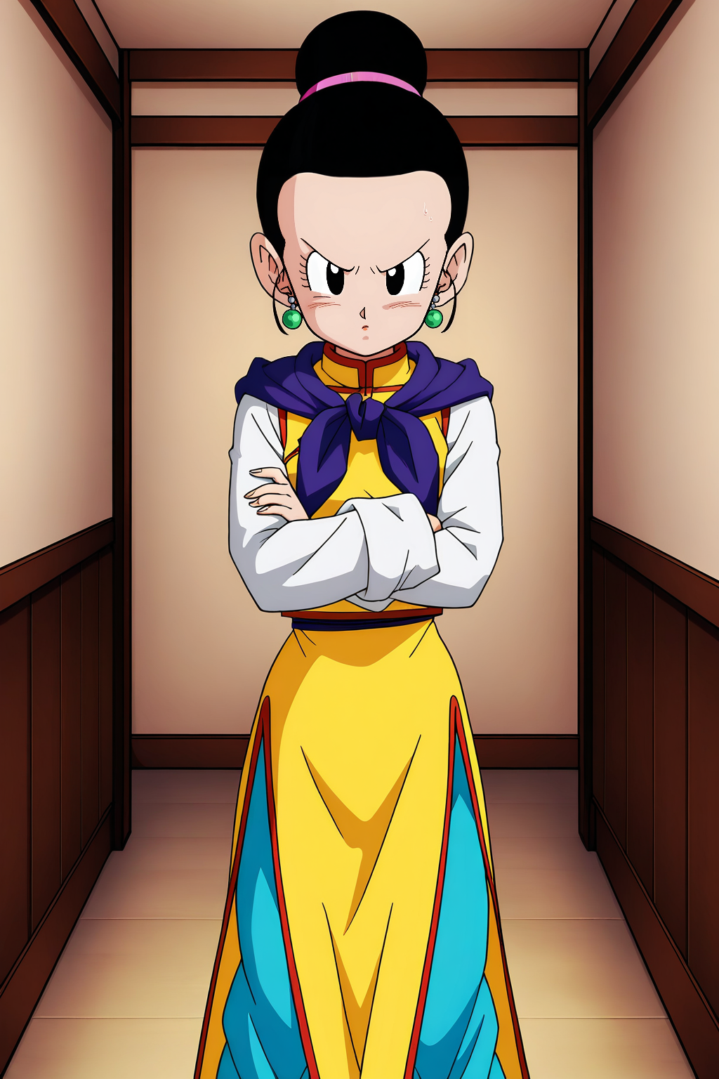Best quality, high resolution
BREAK 1 girl, solo, chi-chi \(dragon ball\), hairbun black hair, black eyes, chinese clothes,  short hair, blue pants, yellow dress, looking at viewer, purple scarf, tsundere, crossed arms, long sleeves 
masterpiece,best quality,amazing quality, indoors