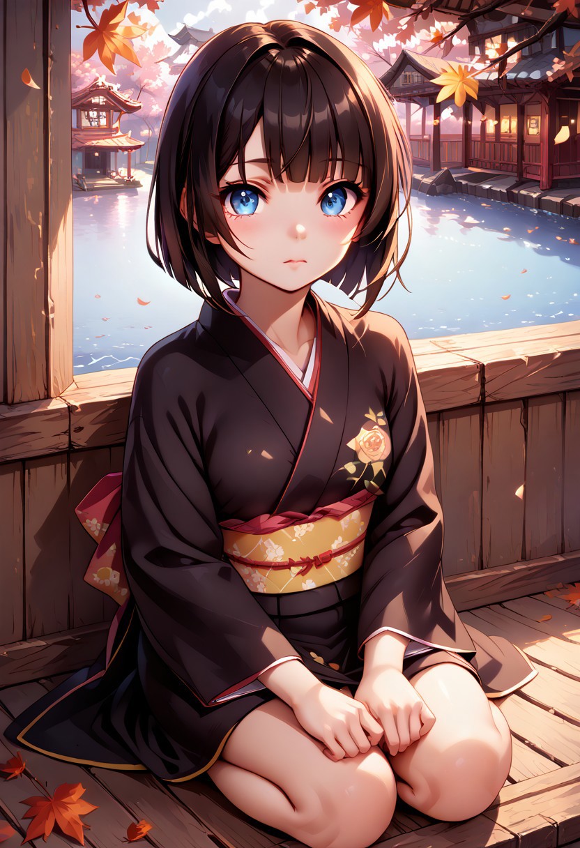 (score_9, score_8_up, score_7_up, highest score, best quality:1.2), zPDXL3, NEGATIVE_HANDS, detail1eye, hi-res. 8k, source_anime, jptradartpny BREAK 1girl, short black hair, hime cut, long sidelocks, blue eyes, small breasts, calm, hands resting on legs, szk1ck1x, seiza, sitting BREAK black kimono, kimono, rose print BREAK veranda, traditional japanese house,, autumn, falling leaves, orange leaves, brown leaves  (outdoors:1.3) , depth of field, sharp colors, perfect anatomy, (detailed realistic background:1.3), (high quality:1.1), (ultra detailed:1.4), <lora:pony_good_hands:0.7>, <lora:add-detail-xl:1>, <lora:xl_more_art-full_v1:0.5>