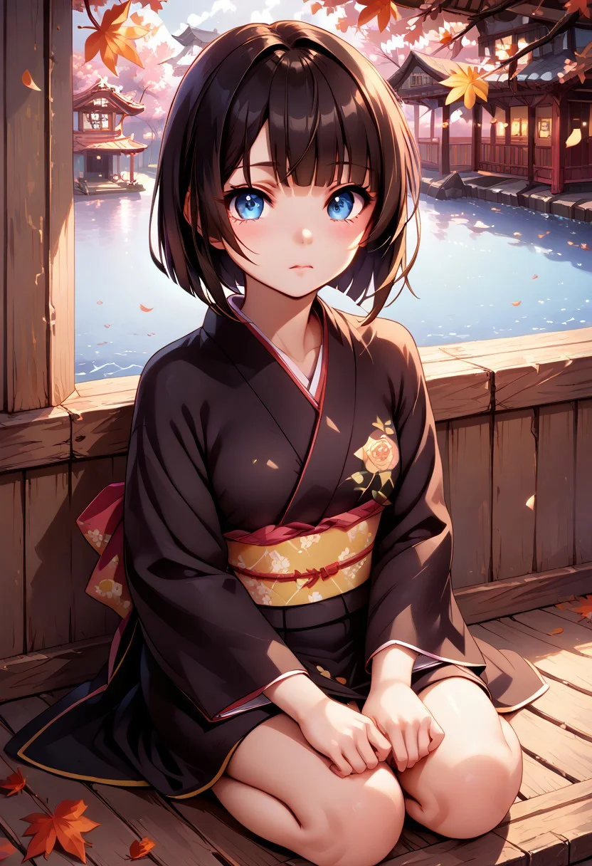 (score_9, score_8_up, score_7_up, highest score, best quality:1.2), zPDXL3, NEGATIVE_HANDS, detail1eye, hi-res. 8k, source_anime, jptradartpny BREAK 1girl, short black hair, hime cut, long sidelocks, blue eyes, small breasts, calm, hands resting on legs, szk1ck1x, seiza, sitting BREAK black kimono, kimono, rose print BREAK veranda, traditional japanese house,, autumn, falling leaves, orange leaves, brown leaves (outdoors:1.3) , depth of field, sharp colors, perfect anatomy, (detailed realistic background:1.3), (high quality:1.1), (ultra detailed:1.4), <lora:pony_good_hands:0.7>, <lora:add-detail-xl:1>, <lora:xl_more_art-full_v1:0.5>