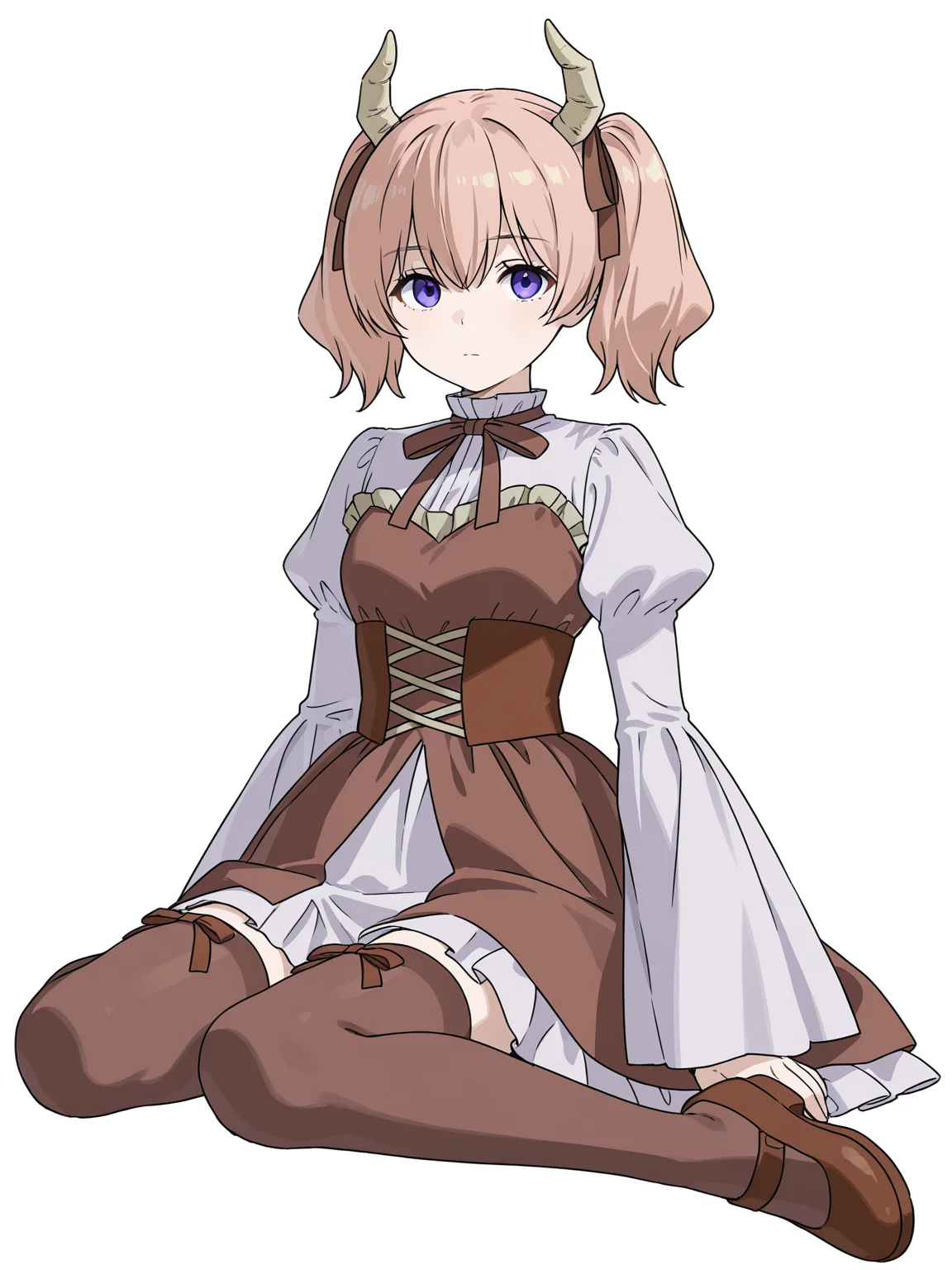 Linie,Linie,solo,horns,brown ribbon,dress,white background,brown dress,full body,simple background,looking at viewer,long sleeves,brown bow,ribbon,pantyhose,puffy sleeves,closed mouth,shoes,brown footwear,brown bowtie,brown horns,juliet sleeves,corset,demon horns,arms at sides,wide sleeves,X-ribbon thighhighs,wariza,