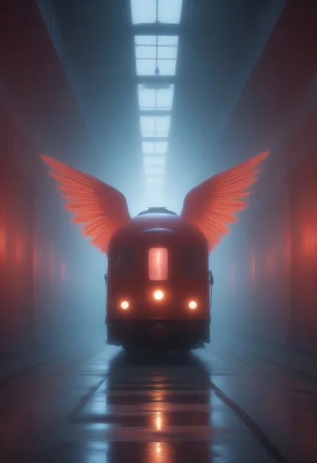 dimly lit tunnel, eerie red glow reflecting off the wet walls, an old, abandoned train with a polished, shiny surface standing motionless on the tracks, a celestial angel with tattered wings floating above, eyes glowing with sorrow, mouth open in a silent scream, gripping an ancient lemonradiating divine energy, a small, mysterious house at the end of the tunnel, barely illuminated by flickering lights, mist creeping along the ground, atmosphere filled with tension and wl_lemons