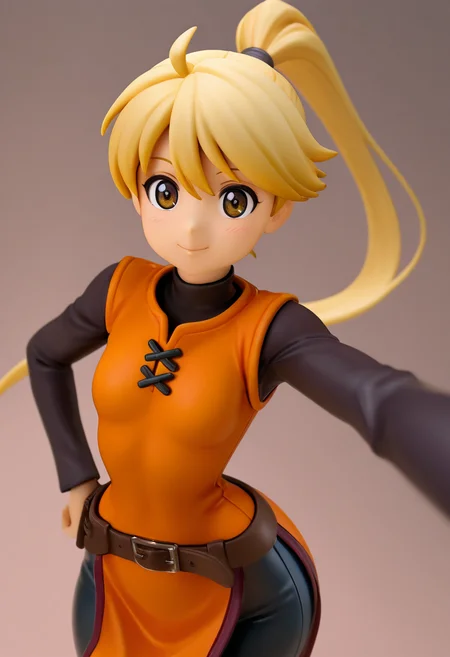 masterpiece, best quality, solo, curvy, beautiful eyes, narrow waist, wide hips, 1girl, solo, smile, looking at viewer, dynamic angle, foreshortening, close up, f1gur3, realistic, ,<lora:AnimeFigure_IXL:1.2>, BREAK, zzYellow, brown eyes, blonde hair, long hair, ponytail, bangs, orange tunic, brown belt, pants, <lora:YellowPokemonIXL_v2:1.0>