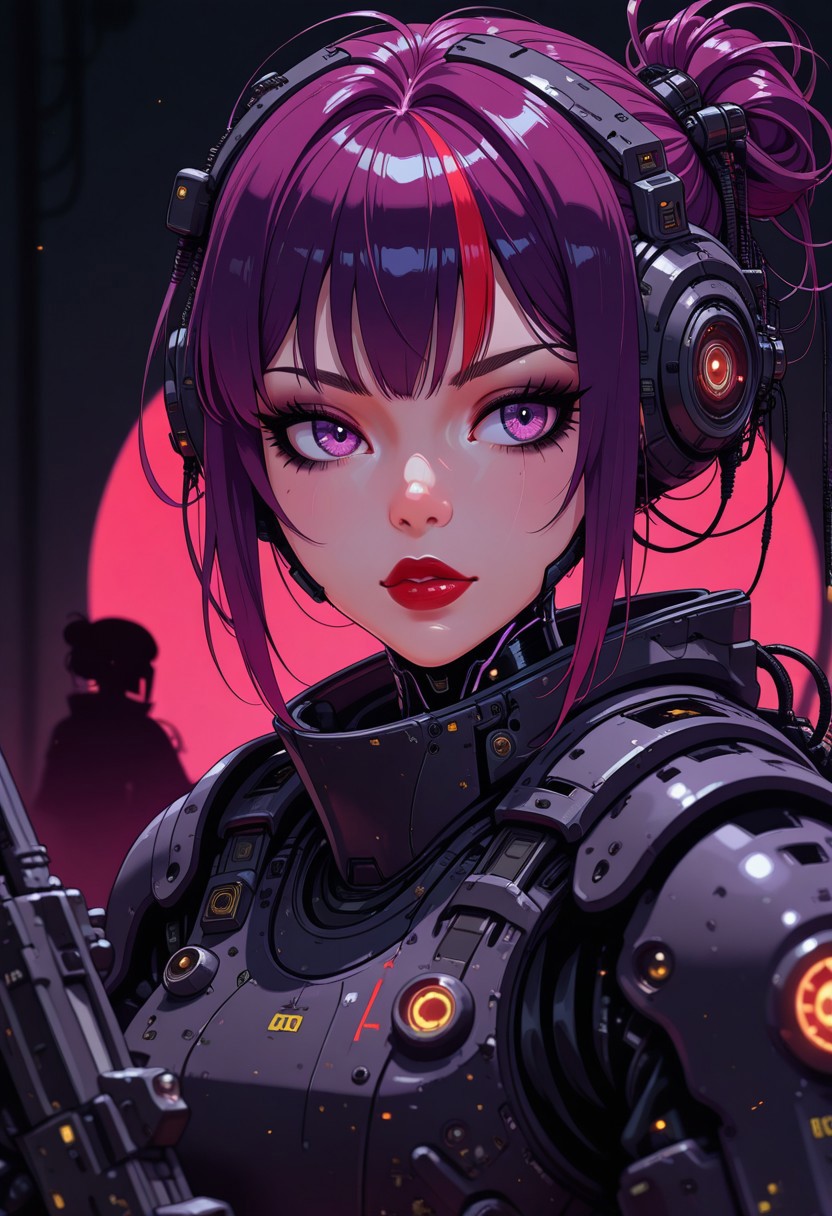 in the style of cknc, masterpiece, best quality, good quality, very aesthetic, absurdres, newest, 8K, depth of field, focused subject, Silhouette Art, magnificent, dark background, portrait of stunning asian warrior woman, dark eyeshadow, red lips, long purple hair, bangs, sidelocks, black power armour with red highlights, dark eyeshadow, red lips, holding an assault rifle, direct focused gaze