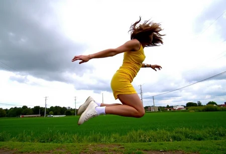 Low-resolution photo, shot on a mobile phone, slight graininess, no notable artifacts. Young woman, early 20s, casual attire, wearing a sleeveless yellow dress, white ankle socks, white sneakers, jumping mid-air, arms outstretched, tousled hair cascading backwards, carefree pose, outdoor setting, cloudy sky, power lines, grassy field, distant houses, greenery, dynamic composition, daytime., 