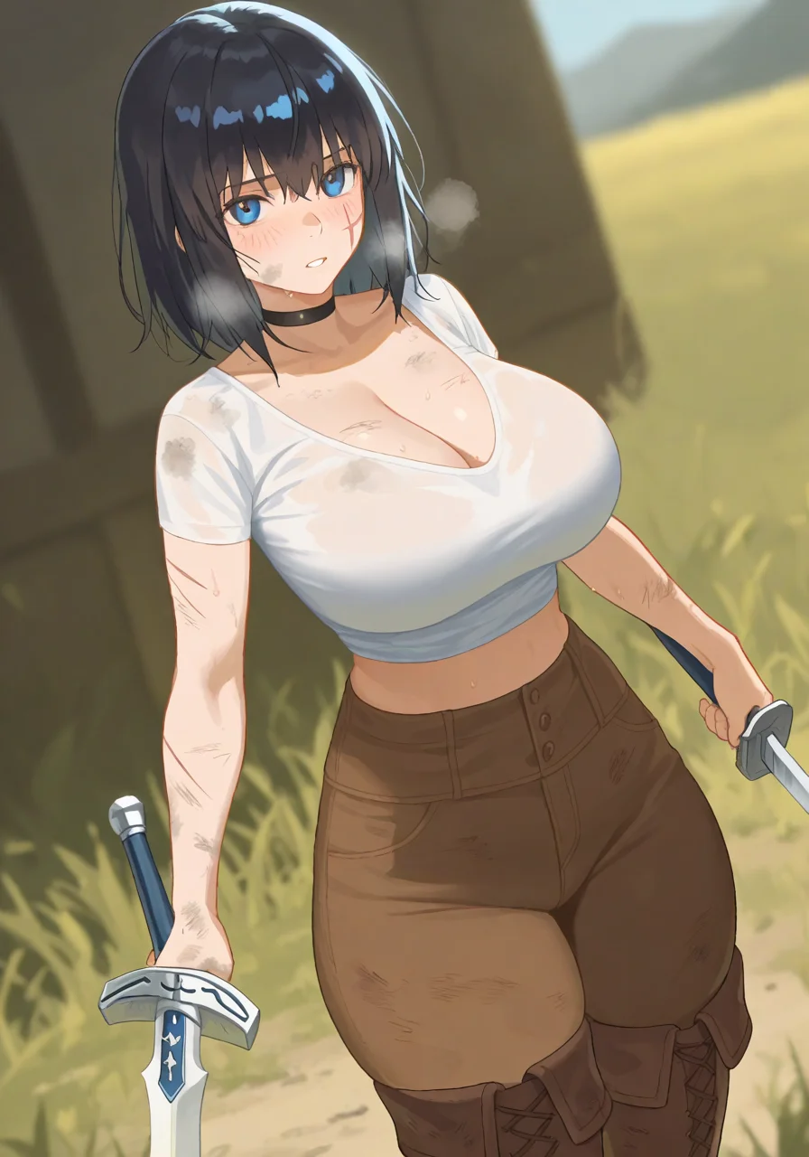 1girl , black choker , black hair , blue eyes , blurry , blurry background , blush , boots , breasts , brown boots , brown pants , choker , cleavage , day , dirty , dirty face , grass , Heavy breathing , high-waist pants , holding , holding sword , holding weapon , huge breasts , Looking at viewer , medium hair , midriff , outdoors , pants , parted lips , scar , scar on cheek , scar on face , Scratches , Shirt , Solo , standing , sweat , sword , thigh boots , thighs , Weapon , white shirt, BREAK character_concept, cowboy_shot, (dutch_angle:1.25), masterpiece, best quality, amazing quality, very aesthetic, absurdres, modern, recent, newest, <lora:FateGO-Memorial2023_IL_Concept_epoch_7:1> F4t3M3m0C, fantasy, novel illustration, cover image