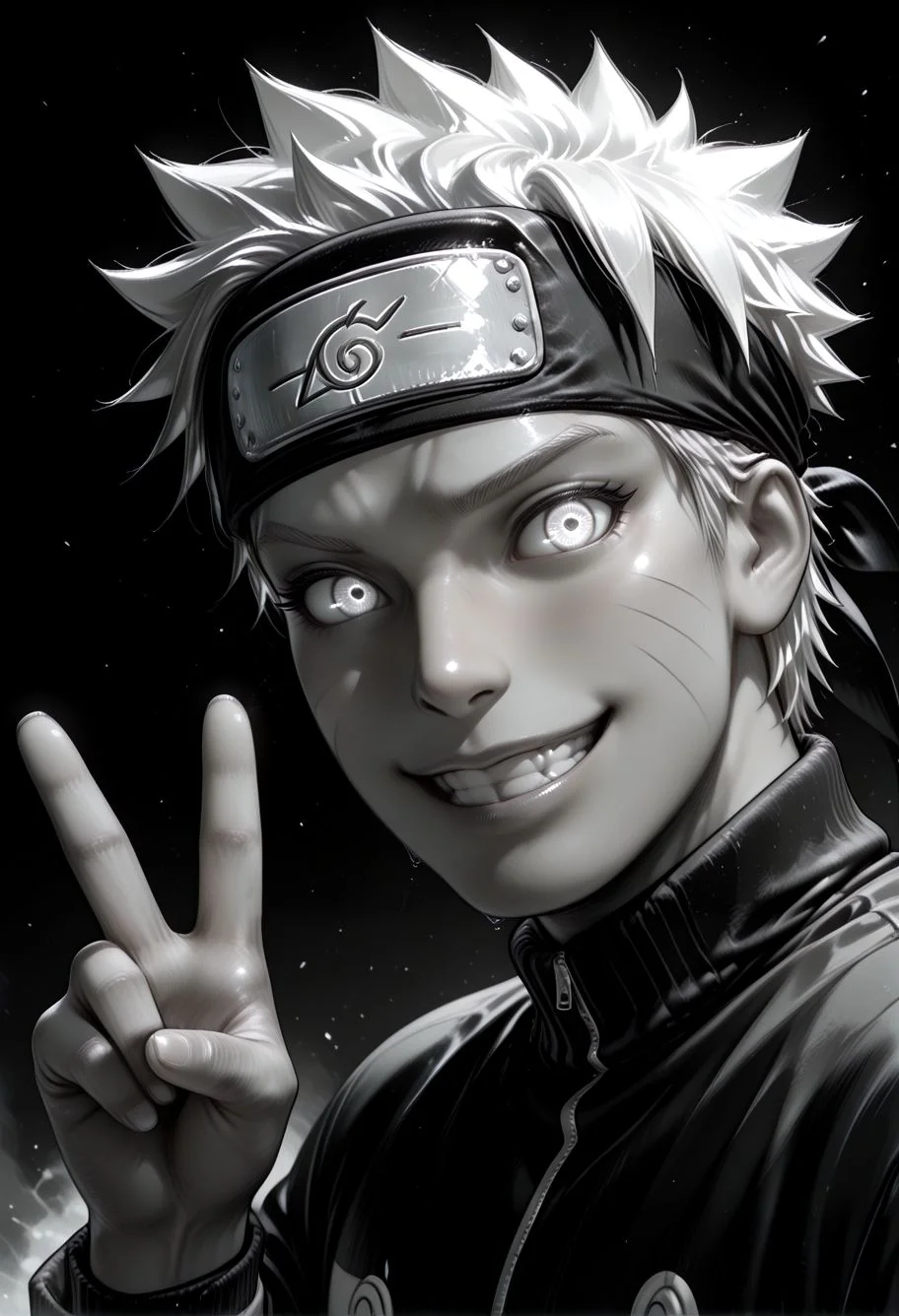 SmoothNoob_Quality, (greyscale:1.5), 1boy, uzumaki naruto, naruto shippuuden, portrait, upper body, bandana, happy, smile, glowing eyes, spot color, black and white,v, dynamic angle, looking at viewer, black background <lora:Mature_Comics_Style_-_NoobAI:1>,