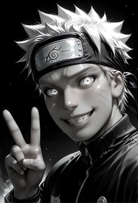 SmoothNoob_Quality, (greyscale:1.5), 1boy, uzumaki naruto, naruto shippuuden, portrait, upper body, bandana, happy, smile, glowing eyes, spot color, black and white,v, dynamic angle, looking at viewer, black background <lora:Mature_Comics_Style_-_NoobAI:1>,βββ