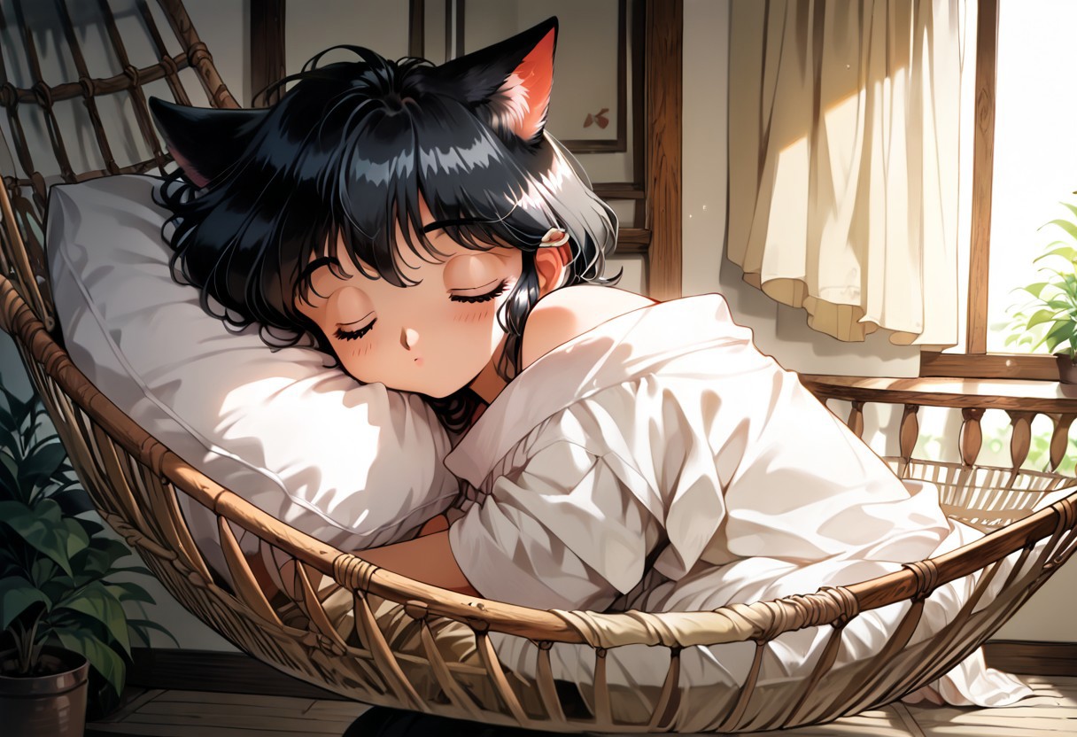 score_9,score_8_up,score_7_up,score_6_up, source_anime,<lora:Faux_Retro_XL:1>, (8k, masterpiece, best quality, cinematic lighting, ultra high res), (extremely detailed image, high resolution, 5k resolution:1.0), (ultra HD quality details), anime, slightly chibi, cute, (((1girl))), catgirl, black hair, sleeping in hammock, blanket, calm, cozy, evening, garden, soft color, warm lighting, retro artstyle. Expressiveh