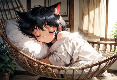 score_9,score_8_up,score_7_up,score_6_up, source_anime,<lora:Faux_Retro_XL:1>, (8k, masterpiece, best quality, cinematic lighting, ultra high res), (extremely detailed image, high resolution, 5k resolution:1.0), (ultra HD quality details), anime, slightly chibi, cute, (((1girl))), catgirl, black hair, sleeping in hammock, blanket, calm, cozy, evening, garden, soft color, warm lighting, retro artstyle. Expressiveh