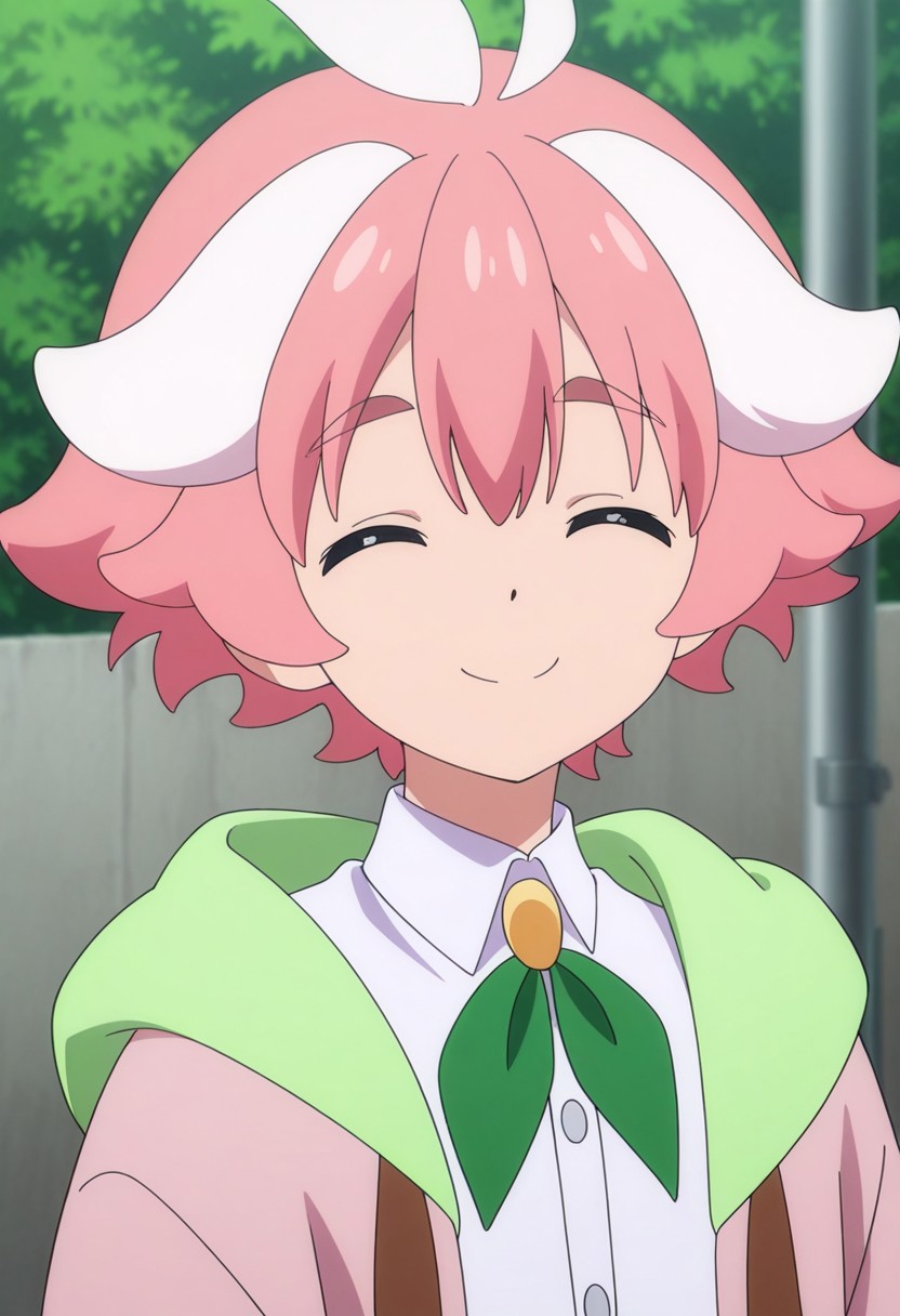 masterpiece,best quality,amazing quality, source_anime,
ItsukiMitsutagawa, 1boy, male focus, solo, closed eyes, multicolored hair, pink hair, white hair, shirt, white shirt, collared shirt, ribbon, neck ribbon, green ribbon, jacket, pink jacket, hood, green hood, open jacket, smile, outdoor, looking at viewer,