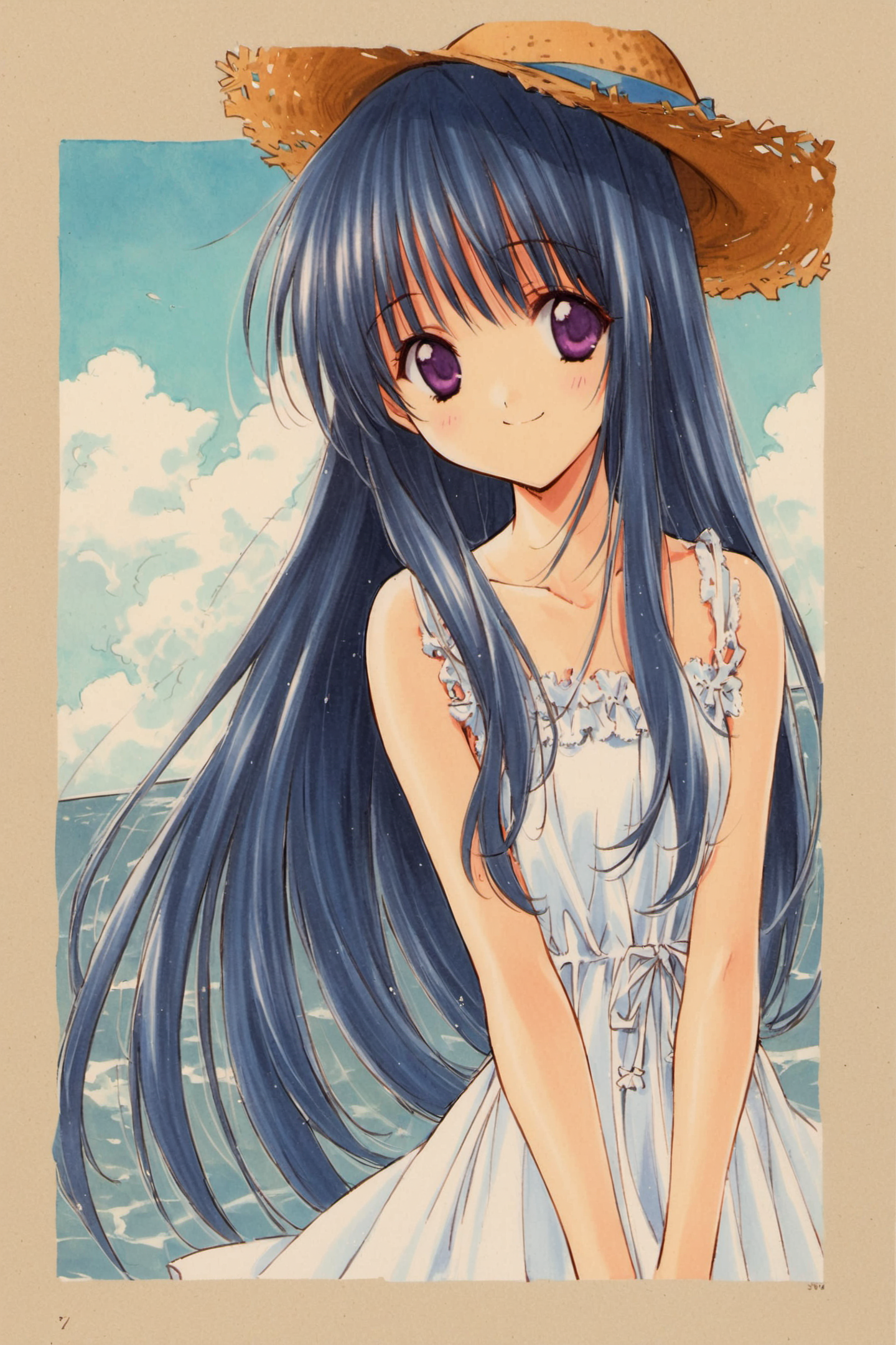 1girl, solo, hat, dress, day, straw hat, long hair, sundress, sky, blue hair, purple eyes, cloud, black hair, smile, white dress,traditional media,<lora:Aoi Nanase_XL:0.9>,