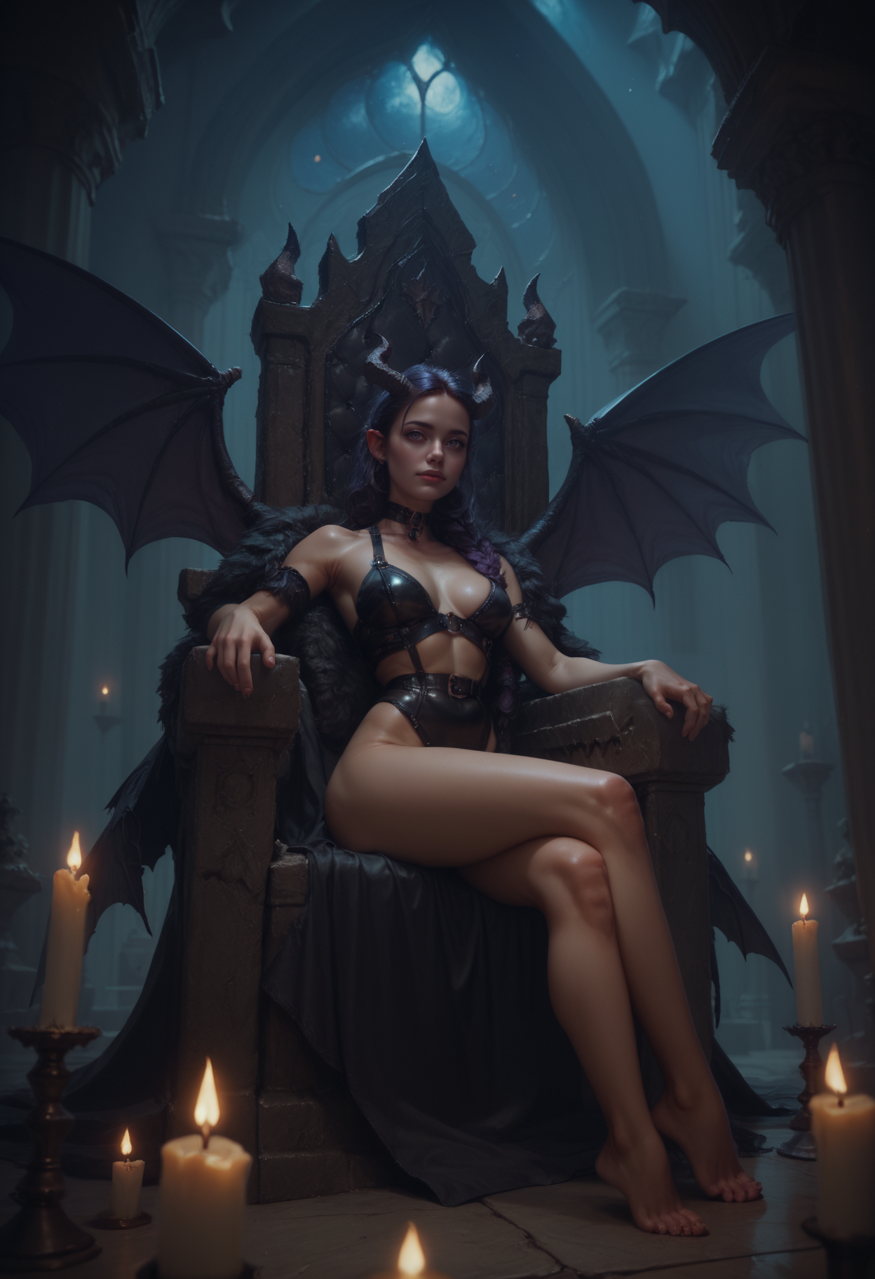 score_9, score_8_up, score_7_up, score_7, score_6_up, score_5_up, (a woman wearing reij-scccn <lora:succucini:1>), wings, horns, leather, sitting on a throne, medival, dimmed candle light, night, dark