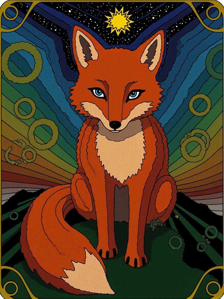 <lora:vintage-activision-flux1-dev-v1-000082.safetensors:1> in the style of vintage-activision
A majestic red fox with piercing blue eyes stands against a mesmerizing backdrop of shifting blues and golds. Its vibrant orange-red coat glistening with intricate highlights and hypnotic blue eyes draw me in. Every strand of fur appears hand-woven from starlight, set amidst an indigo and amber mystique that defies mortal reality.