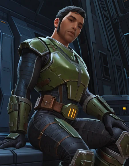 masterpiece, best quality, newest, perfect quality, intricate details, detailed background, male focus, realistic, solo, <lora:SWTOR - Rass Ordo - Illustrious-000005:0.7> rass_ordo, 1boy, black hair, sideburns, dark skin, brown eyes, breastplate, shoulder armor, body suit, wrist bracers, gloves, belt, pants, armored knee boots, looking at viewer, contrapposto, spacecraft interior, sitting, from side, head tilt