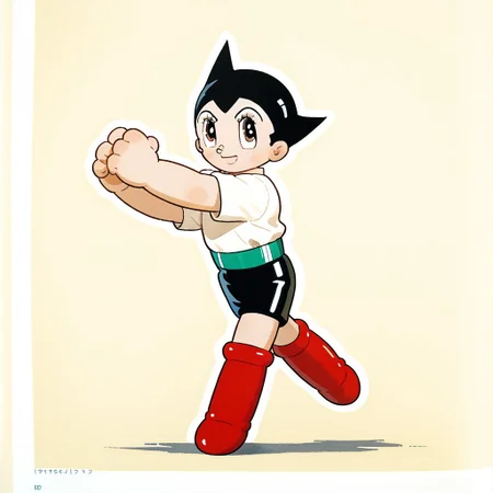 score_9, score_8_up, score_7_up, 1boy, solo, cute, happy, smiling, white outline, full-length, child-like robot, youthful expression, large almond eyes, black spiky hair, compact body, colorfull shorts, colorfull shirt, colorfull shoest, red boots, beige torso, mechanical lines, bold outlines, retro futuristic, cartoon style, resilience, innocence, strength, industrial background, powerful stance,, score_9, score_8_up, score_7_up, 1boy, solo,OsamuTezukaStyle, cute, happy, smiling, white outline, standing,, city background,