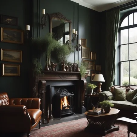 <lyco:Irish_style_interior_design_Sa_May:1.0> Irish style interior design of living room with fireplace