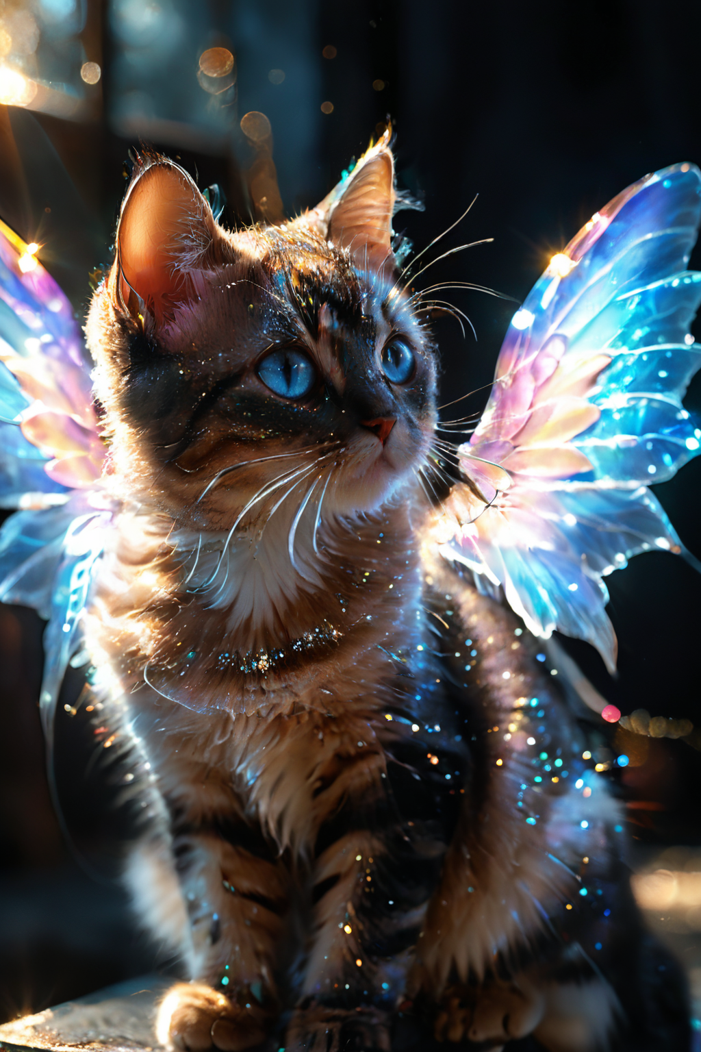 breathtaking <lora:CatSaviorXL:0.9>,
CatSavior,no humans,animal focus,cat,blurry,animal,whiskers,bokeh,head lift,blurry background,wings,realistic,depth of field,lens flare,blue eyes,light particles,shiny,
(light particles:1.3),(glowing:1.3),(shiny:1.5),(shone:1.3),medium_shot,sunlight,backlighting,<lora:xl_more_art-full_v1:0.6>,(cat with wings:1.3),(black background:1.3),(simple background:1.2),, best quality , masterpiece, illustration, an extremely delicate and beautiful, extremely detailed ,CG,unity,8k wallpaper, Amazing, finely detail, masterpiece, best quality,official art,extremely detailed CG unity 8k wallpaper,absurdres, incredibly absurdres, huge filesize , ultra-detailed, highres, extremely detailed,beautiful detailed girl, extremely detailed eyes and face, beautiful detailed eyes,light on face, . award-winning, professional, highly detailed
