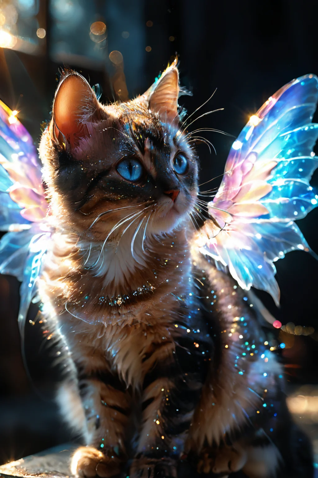 breathtaking <lora:CatSaviorXL:0.9>,
CatSavior,no humans,animal focus,cat,blurry,animal,whiskers,bokeh,head lift,blurry background,wings,realistic,depth of field,lens flare,blue eyes,light particles,shiny,
(light particles:1.3),(glowing:1.3),(shiny:1.5),(shone:1.3),medium_shot,sunlight,backlighting,<lora:xl_more_art-full_v1:0.6>,(cat with wings:1.3),(black background:1.3),(simple background:1.2),, best quality , masterpiece, illustration, an extremely delicate and beautiful, extremely detailed ,CG,unity,8k wallpaper, Amazing, finely detail, masterpiece, best quality,official art,extremely detailed CG unity 8k wallpaper,absurdres, incredibly absurdres, huge filesize , ultra-detailed, highres, extremely detailed,beautiful detailed girl, extremely detailed eyes and face, beautiful detailed eyes,light on face, . award-winning, professional, highly detailed