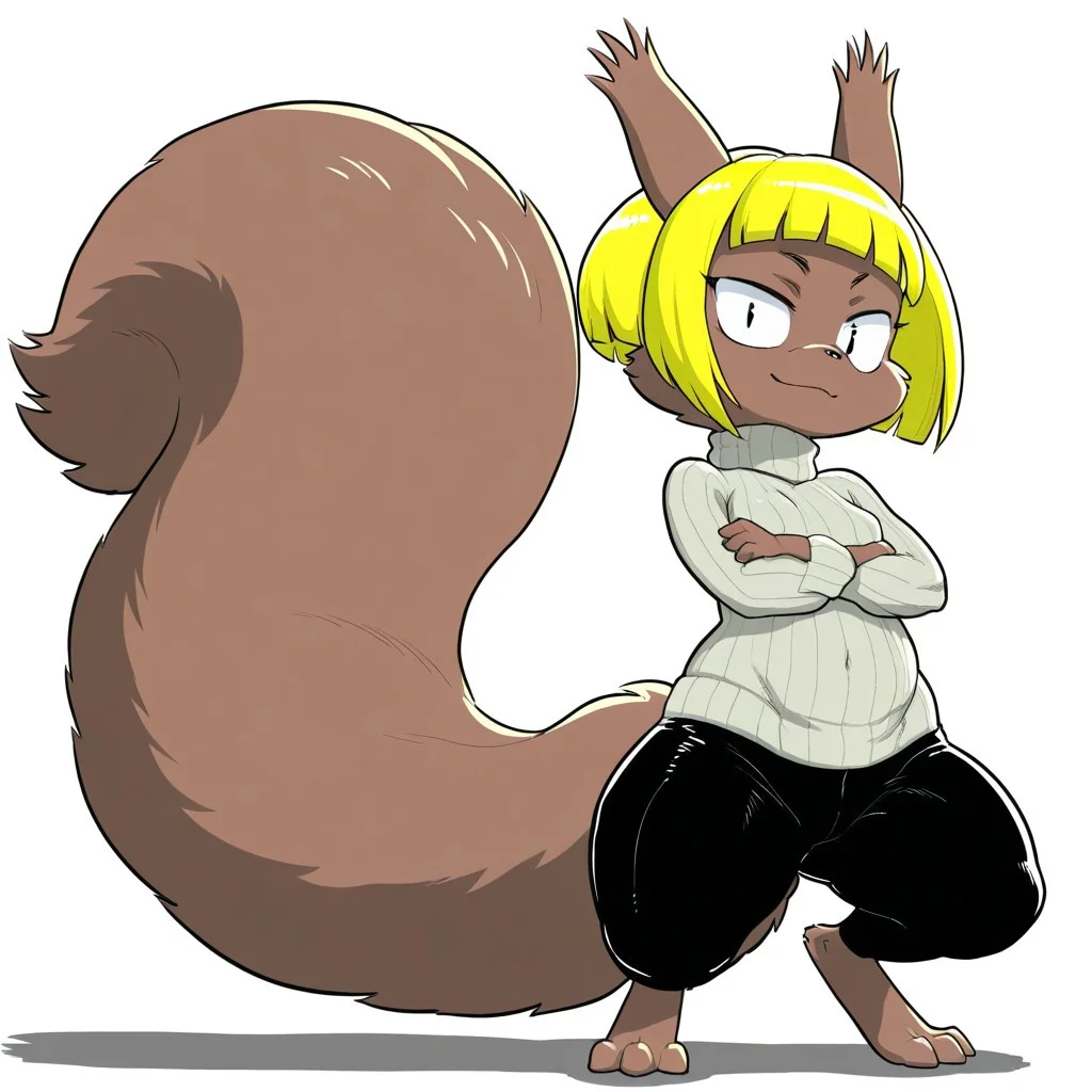 Cookie(FFC), by daigaijin, Solo, 1girl, anthro, female furry, squirrel, rodent, brown fur, blonde hair, short hair, long tail, fluffy tail, black eyes, shortstack, small breasts, digigrade feet, full body, standing, black pants, grey turtleneck, arms crossed, looking at viewer, soft smile, white background,