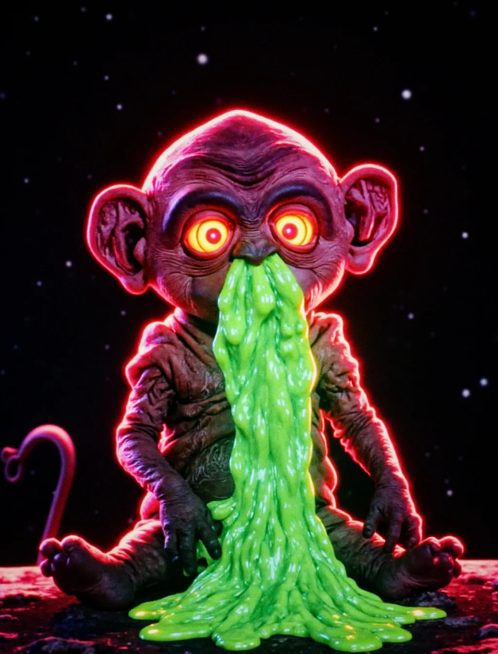 Nukie the knockoff alien is radioactive glowing red as profuse quantities of gooey green snot gush from his faucet nostrils, Christmas hologram floating in space, a vibrant digital illustration, dribbble, quantum wavetracing, black background, behance hd