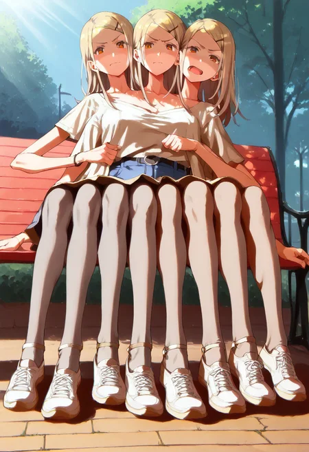 ((8arms, 4heads, trileg, six legs)), leg focus, score_9, score_8_up, score_7_up, score_6_up, score_5_up, score_4_up, shiny skin, french kiss, <lora:hiro.il:1>, hiro, aaa,
 fully clothed, casual, sitting on bench,  slender legs, outdoors , park, (looking at the viewer), frowning, angry, disgusted face, shaded face, (from below),(((grey pantyhose))), [shadows], light rays, Expressiveh
